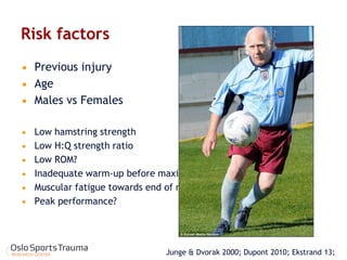 Risk factors 
Previous injury 
Age 
Males vs Females 
Low hamstring strength 
Low H:Q strength ratio 
Low ROM? 
Inadequate warm-up before maximal activity? 
Muscular fatigue towards end of match or training? 
Peak performance? 
Junge & Dvorak 2000; Dupont 2010; Ekstrand 13;  