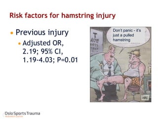 Risk factors for hamstring injury 
Previous injury 
Adjusted OR, 2.19; 95% CI, 1.19-4.03; P=0.01 
Don’t panic - it’s just a pulled hamstring  