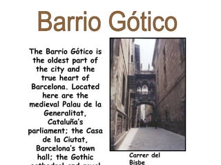 Carrer del
Bisbe
The Barrio Gótico is
the oldest part of
the city and the
true heart of
Barcelona. Located
here are the
medieval Palau de la
Generalitat,
Cataluña’s
parliament; the Casa
de la Ciutat,
Barcelona’s town
hall; the Gothic
 