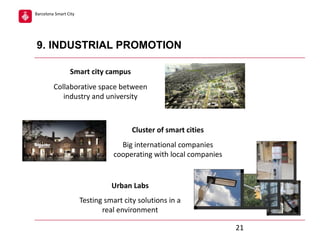 Barcelona Smart City

9. INDUSTRIAL PROMOTION
Smart city campus
Collaborative space between
industry and university

Cluster of smart cities
Big international companies
cooperating with local companies

Urban Labs
Testing smart city solutions in a
real environment
21

 
