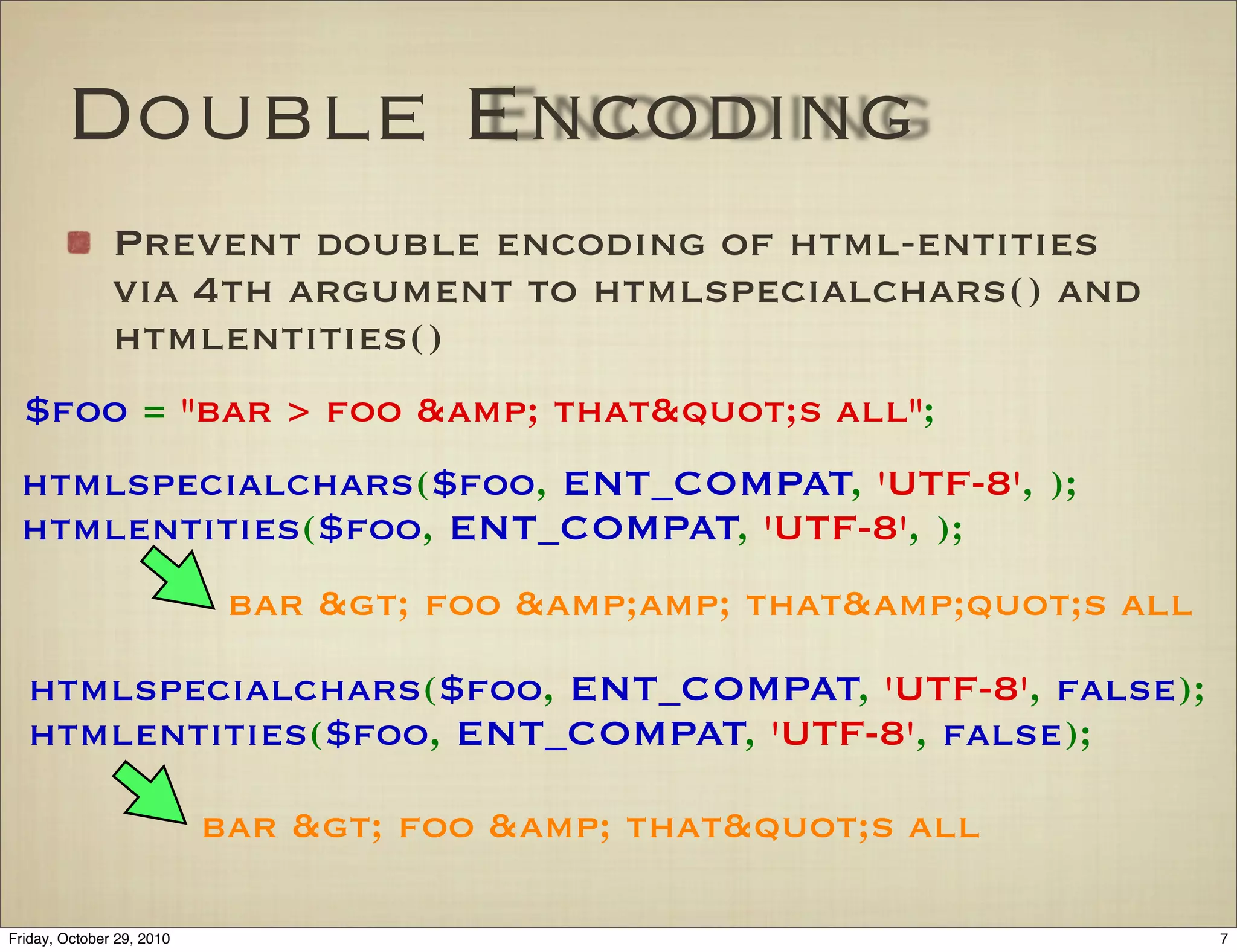Double Encoding
Prevent double encoding of html-entities
via 4th argument to htmlspecialchars() and
htmlentities()
htmlspecialchars($foo,!ENT_COMPAT,!'UTF-8',!);
htmlentities($foo,!ENT_COMPAT,!'UTF-8',!);
bar!>!foo!&amp;amp;!that&amp;quot;s!all
htmlspecialchars($foo,!ENT_COMPAT,!'UTF-8',!false);
htmlentities($foo,!ENT_COMPAT,!'UTF-8',!false);
$foo!=!"bar!>!foo!&amp;!that"s!all";
bar!>!foo!&amp;!that"s!all
7Friday, October 29, 2010
 
