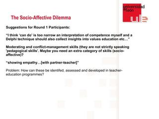 Suggestions for Round 1 Participants: “ I think ‘can do’ is too narrow an interpretation of competence myself and a Delphi technique should also collect insights into values education etc…” Moderating and conflict-management skills (they are not strictly speaking 'pedagogical skills'. Maybe you need an extra category of skills (socio-affective)?   “ showing empathy…[with partner-teacher]” Problem: How can these be identifed, assessed and developed in teacher-education programmes? The Socio-Affective Dilemma 