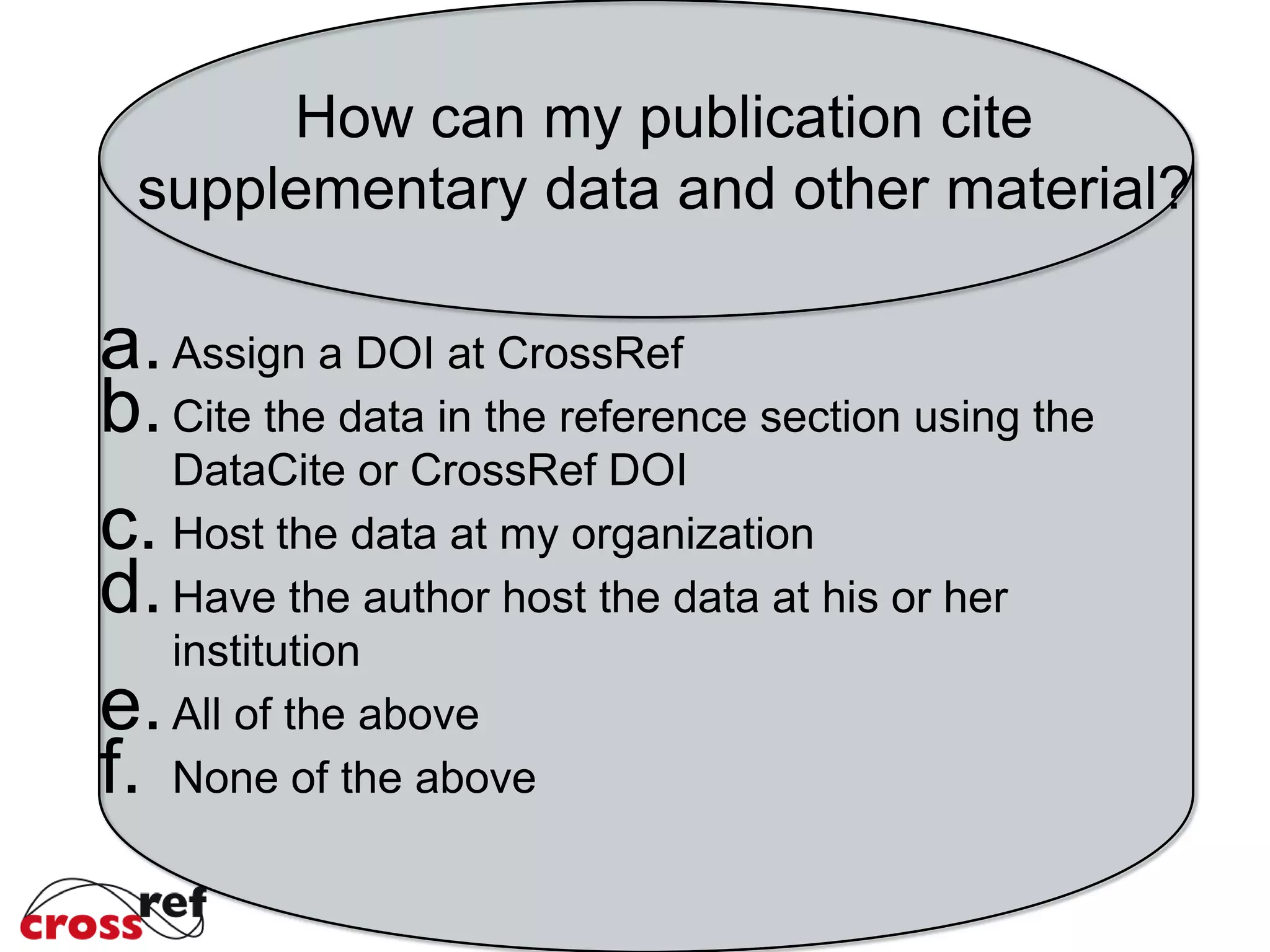 How can my publication cite
supplementary data and other material?
a.Assign a DOI at CrossRef
b.Cite the data in the reference section using the
DataCite or CrossRef DOI
c. Host the data at my organization
d.Have the author host the data at his or her
institution
e.All of the above
f. None of the above
 