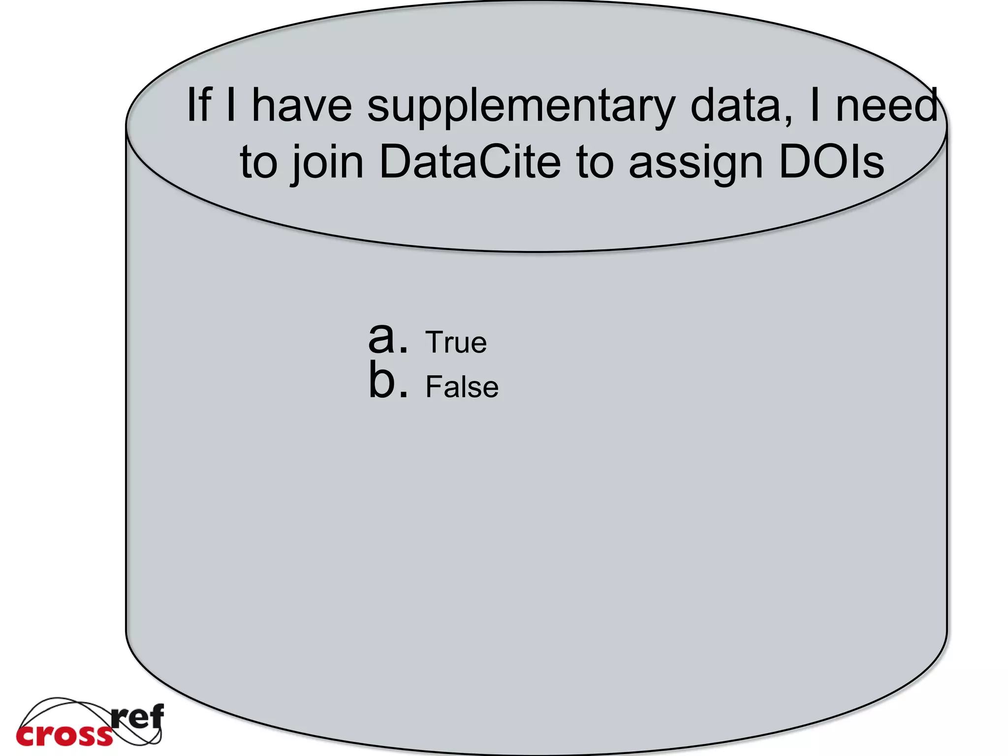 If I have supplementary data, I need
to join DataCite to assign DOIs
a. True
b. False
b.
 