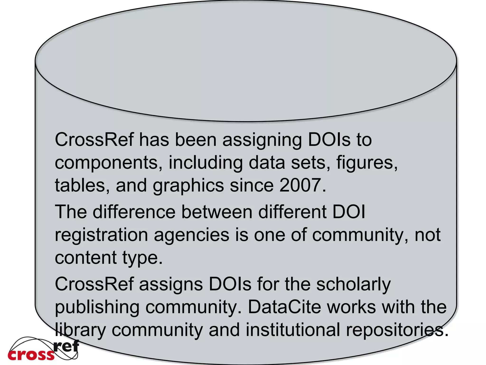 CrossRef has been assigning DOIs to
components, including data sets, figures,
tables, and graphics since 2007.
The difference between different DOI
registration agencies is one of community, not
content type.
CrossRef assigns DOIs for the scholarly
publishing community. DataCite works with the
library community and institutional repositories.
 