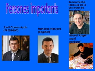 Jordi Carnes Ayats
(PRESIDENT)
Miquel Àngel
Martí
(fotògraf)
Francesc Narvaez
(Regidor)
Ramon Flecha
(psicòleg de la
universitat de
Barcelona)
 