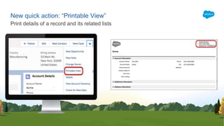 New quick action: “Printable View”
Print details of a record and its related lists
 