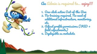 An Admin is required to… enjoy!!!
1. One-click action Out-of-the-Box
2. No training required, No need of
additional infrastructure, monitoring,
etc.
3. Adjust profile permissions (VAD +
field adjustments)
4. Deployable as metadata
 