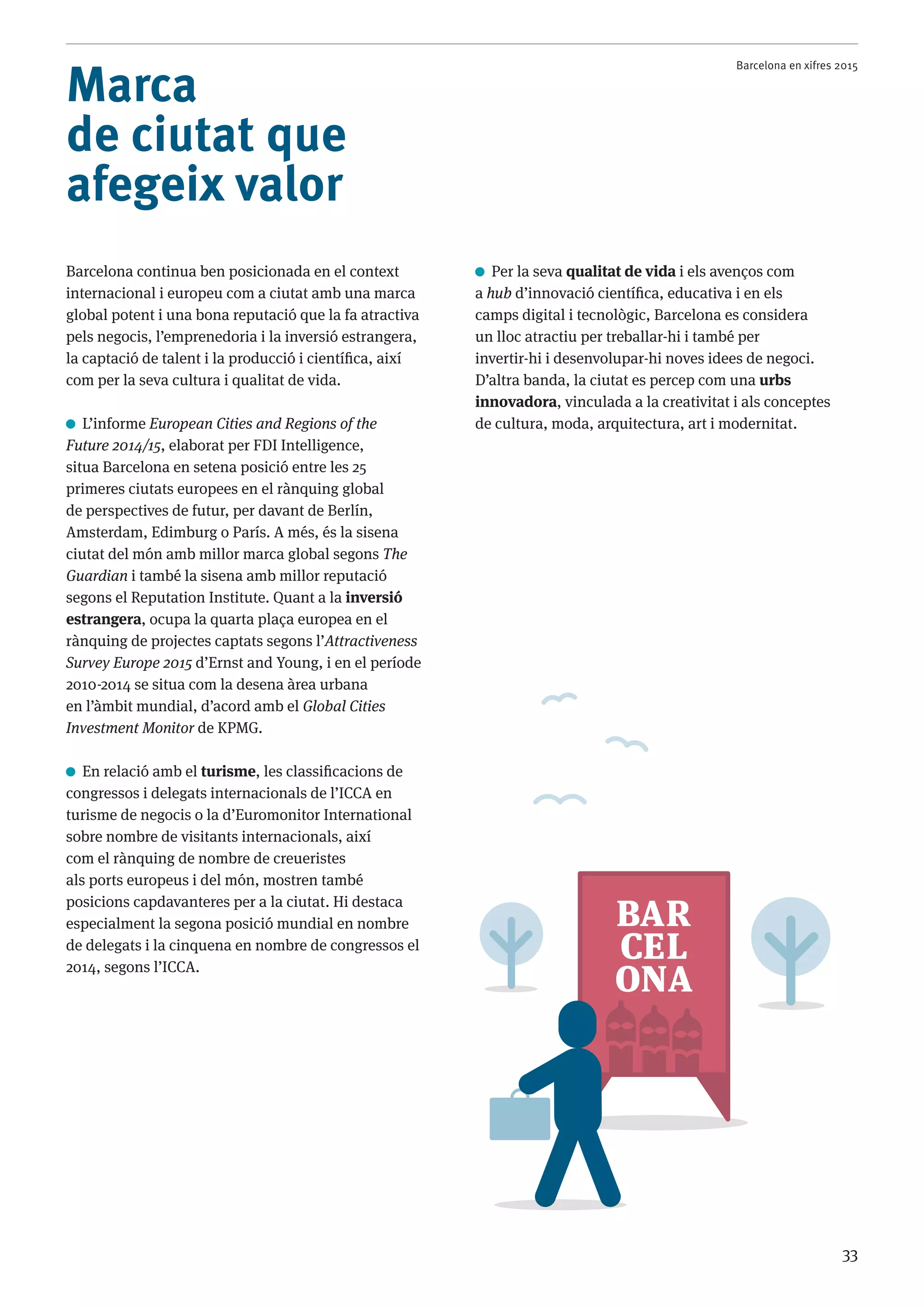 Barcelona en xifres 2015
33
Per la seva qualitat de vida i els avenços com
a hub d’innovació científica, educativa i en els
camps digital i tecnològic, Barcelona es considera
un lloc atractiu per treballar-hi i també per
invertir-hi i desenvolupar-hi noves idees de negoci.
D’altra banda, la ciutat es percep com una urbs
innovadora, vinculada a la creativitat i als conceptes
de cultura, moda, arquitectura, art i modernitat.
Marca
de ciutat que
afegeix valor
Barcelona continua ben posicionada en el context
internacional i europeu com a ciutat amb una marca
global potent i una bona reputació que la fa atractiva
pels negocis, l’emprenedoria i la inversió estrangera,
la captació de talent i la producció i científica, així
com per la seva cultura i qualitat de vida.
L’informe European Cities and Regions of the
Future 2014/15, elaborat per FDI Intelligence,
situa Barcelona en setena posició entre les 25
primeres ciutats europees en el rànquing global
de perspectives de futur, per davant de Berlín,
Amsterdam, Edimburg o París. A més, és la sisena
ciutat del món amb millor marca global segons The
Guardian i també la sisena amb millor reputació
segons el Reputation Institute. Quant a la inversió
estrangera, ocupa la quarta plaça europea en el
rànquing de projectes captats segons l’Attractiveness
Survey Europe 2015 d’Ernst and Young, i en el període
2010-2014 se situa com la desena àrea urbana
en l’àmbit mundial, d’acord amb el Global Cities
Investment Monitor de KPMG.
En relació amb el turisme, les classificacions de
congressos i delegats internacionals de l’ICCA en
turisme de negocis o la d’Euromonitor International
sobre nombre de visitants internacionals, així
com el rànquing de nombre de creueristes
als ports europeus i del món, mostren també
posicions capdavanteres per a la ciutat. Hi destaca
especialment la segona posició mundial en nombre
de delegats i la cinquena en nombre de congressos el
2014, segons l’ICCA.
BAR
CEL
ONA
 