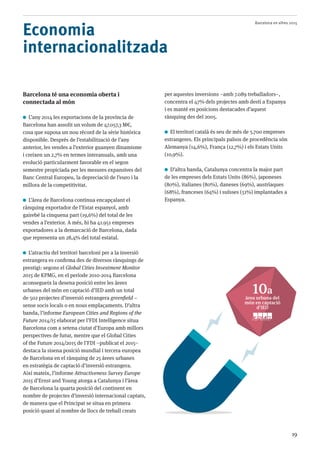 Barcelona en xifres 2015
19
Economia
internacionalitzada
Barcelona té una economia oberta i
connectada al món
L’any 2014 les exportacions de la província de
Barcelona han assolit un volum de 47.057,3 M€,
cosa que suposa un nou rècord de la sèrie històrica
disponible. Després de l’estabilització de l’any
anterior, les vendes a l’exterior guanyen dinamisme
i creixen un 2,7% en termes interanuals, amb una
evolució particularment favorable en el segon
semestre propiciada per les mesures expansives del
Banc Central Europeu, la depreciació de l’euro i la
millora de la competitivitat.
L’àrea de Barcelona continua encapçalant el
rànquing exportador de l’Estat espanyol, amb
gairebé la cinquena part (19,6%) del total de les
vendes a l’exterior. A més, hi ha 41.951 empreses
exportadores a la demarcació de Barcelona, dada
que representa un 28,4% del total estatal.
L’atractiu del territori barceloní per a la inversió
estrangera es confirma des de diversos rànquings de
prestigi: segons el Global Cities Investment Monitor
2015 de KPMG, en el període 2010-2014 Barcelona
aconsegueix la desena posició entre les àrees
urbanes del món en captació d’IED amb un total
de 502 projectes d’inversió estrangera greenfield –
sense socis locals o en nous emplaçaments. D’altra
banda, l’informe European Cities and Regions of the
Future 2014/15 elaborat per l’FDI Intelligence situa
Barcelona com a setena ciutat d’Europa amb millors
perspectives de futur, mentre que el Global Cities
of the Future 2014/2015 de l’FDI –publicat el 2015–
destaca la sisena posició mundial i tercera europea
de Barcelona en el rànquing de 25 àrees urbanes
en estratègia de captació d’inversió estrangera.
Així mateix, l’informe Attractiveness Survey Europe
2015 d’Ernst and Young atorga a Catalunya i l’àrea
de Barcelona la quarta posició del continent en
nombre de projectes d’inversió internacional captats,
de manera que el Principat se situa en primera
posició quant al nombre de llocs de treball creats
per aquestes inversions –amb 7.089 treballadors–,
concentra el 47% dels projectes amb destí a Espanya
i es manté en posicions destacades d’aquest
rànquing des del 2005.
El territori català és seu de més de 5.700 empreses
estrangeres. Els principals països de procedència són
Alemanya (14,6%), França (12,7%) i els Estats Units
(10,9%).
D’altra banda, Catalunya concentra la major part
de les empreses dels Estats Units (86%), japoneses
(80%), italianes (80%), daneses (69%), austríaques
(68%), franceses (64%) i suïsses (51%) implantades a
Espanya.
10a
àrea urbana del
món en captació
d’IED
 