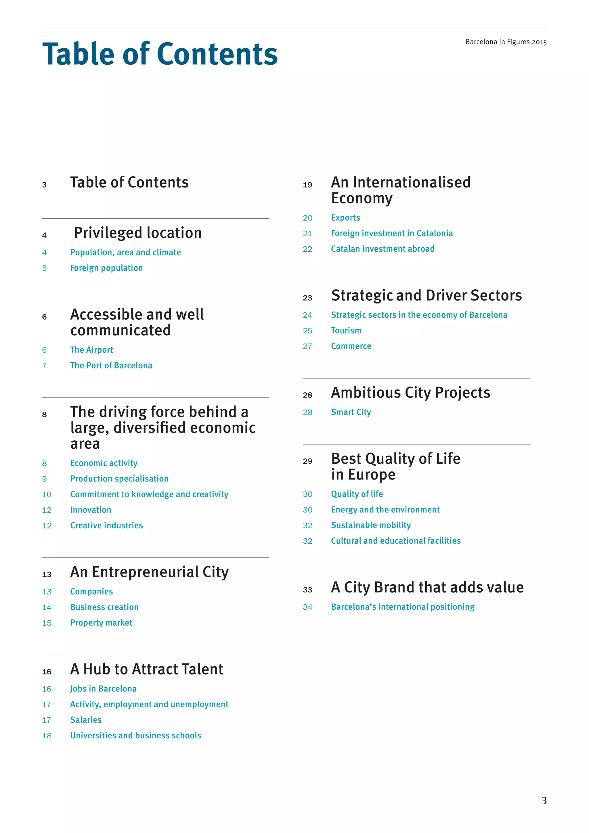 Barcelona in Figures 2015
3
3 Table of Contents
4 Privileged location
4 Population, area and climate
5 Foreign population
6 Accessible and well
communicated
6 The Airport
7 The Port of Barcelona
8 The driving force behind a
large, diversiﬁed economic
area
8 Economic activity
9 Production specialisation
10 Commitment to knowledge and creativity
12 Innovation
12 Creative industries
13 An Entrepreneurial City
13 Companies
14 Business creation
15 Property market
16 A Hub to Attract Talent
16 Jobs in Barcelona
17 Activity, employment and unemployment
17 Salaries
18 Universities and business schools
19 An Internationalised
Economy
20 Exports
21 Foreign investment in Catalonia
22 Catalan investment abroad
23 Strategicand Driver Sectors
24 Strategic sectors in the economy of Barcelona
25 Tourism
27 Commerce
28 Ambitious City Projects
28 Smart City
29 Best Quality of Life
in Europe
30 Quality of life
30 Energy and the environment
32 Sustainable mobility
32 Cultural and educational facilities
33 A City Brand that adds value
34 Barcelona’s international positioning
Table of Contents
 