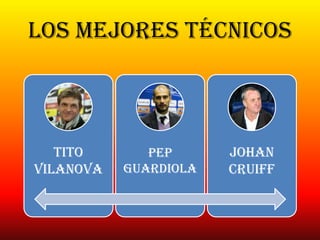 Los mejores técnicos
Tito
vilanova
Pep
guardiola
Johan
cruiff
 