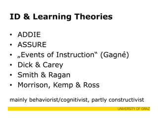 ID & Learning Theories 
•ADDIE 
•ASSURE 
•„Events of Instruction“ (Gagné) 
•Dick & Carey 
•Smith & Ragan 
•Morrison, Kemp & Ross 
mainly behaviorist/cognitivist, partly constructivist  