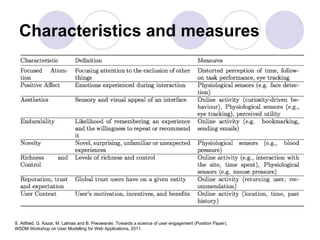 Characteristics and measures S. Attfield, G. Kazai, M. Lalmas and B. Piwowarski. Towards a science of user engagement (Position Paper),  WSDM Workshop on User Modelling for Web Applications, 2011. 