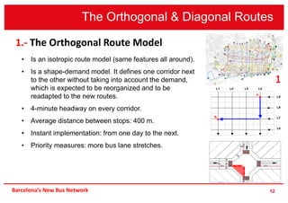 12
1.- The Orthogonal Route Model
The Orthogonal & Diagonal Routes
• Is an isotropic route model (same features all around).
• Is a shape-demand model. It defines one corridor next
to the other without taking into account the demand,
which is expected to be reorganized and to be
readapted to the new routes.
• 4-minute headway on every corridor.
• Average distance between stops: 400 m.
• Instant implementation: from one day to the next.
• Priority measures: more bus lane stretches.
Barcelona’s New Bus Network
 
