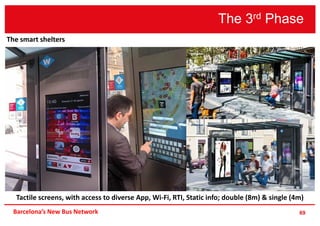 The 3rd Phase
69Barcelona’s New Bus Network
Tactile screens, with access to diverse App, Wi-Fi, RTI, Static info; double (8m) & single (4m)
The smart shelters
 