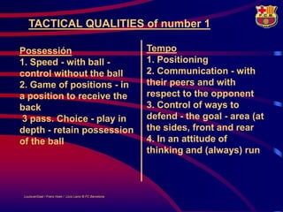 TACTICAL QUALITIES of number 1

Possessión                                               Tempo
1. Speed - with ball -                                   1. Positioning
control without the ball                                 2. Communication - with
2. Game of positions - in                                their peers and with
a position to receive the                                respect to the opponent
back                                                     3. Control of ways to
3 pass. Choice - play in                                 defend - the goal - area (at
depth - retain possession                                the sides, front and rear
of the ball                                              4. In an attitude of
                                                         thinking and (always) run



LouisvanGaal / Frans Hoek / Lluís Lainz © FC Barcelona
 
