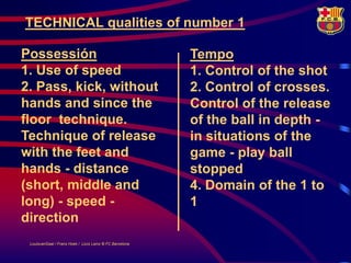 TECHNICAL qualities of number 1

Possessión                                                Tempo
1. Use of speed                                           1. Control of the shot
2. Pass, kick, without                                    2. Control of crosses.
hands and since the                                       Control of the release
floor technique.                                          of the ball in depth -
Technique of release                                      in situations of the
with the feet and                                         game - play ball
hands - distance                                          stopped
(short, middle and                                        4. Domain of the 1 to
long) - speed -                                           1
direction
 LouisvanGaal / Frans Hoek / Lluís Lainz © FC Barcelona
 