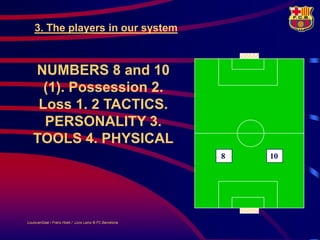 3. The players in our system



   NUMBERS 8 and 10
     (1). Possession 2.
    Loss 1. 2 TACTICS.
     PERSONALITY 3.
   TOOLS 4. PHYSICAL
                                                         8   10




LouisvanGaal / Frans Hoek / Lluís Lainz © FC Barcelona
 