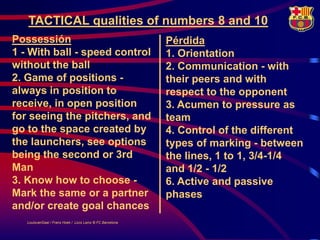 TACTICAL qualities of numbers 8 and 10
Possessión                                                  Pérdida
1 - With ball - speed control                               1. Orientation
without the ball                                            2. Communication - with
2. Game of positions -                                      their peers and with
always in position to                                       respect to the opponent
receive, in open position                                   3. Acumen to pressure as
for seeing the pitchers, and                                team
go to the space created by                                  4. Control of the different
the launchers, see options                                  types of marking - between
being the second or 3rd                                     the lines, 1 to 1, 3/4-1/4
Man                                                         and 1/2 - 1/2
3. Know how to choose -                                     6. Active and passive
Mark the same or a partner                                  phases
and/or create goal chances
   LouisvanGaal / Frans Hoek / Lluís Lainz © FC Barcelona
 
