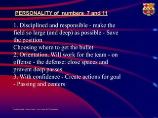 PERSONALITY of numbers 7 and 11

1. Disciplined and responsible - make the
field so large (and deep) as possible - Save
the position
Choosing where to get the bullet
2. Orientation. Will work for the team - on
offense - the defense: close spaces and
prevent deep passes
3. With confidence - Create actions for goal
- Passing and centers


LouisvanGaal / Frans Hoek / Lluís Lainz © FC Barcelona
 