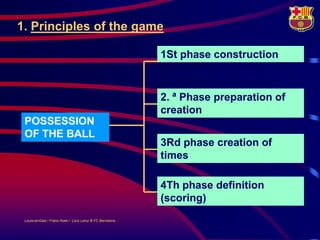 1. Principles of the game

                                                          1St phase construction



                                                          2. ª Phase preparation of
                                                          creation
 POSSESSION
 OF THE BALL
                                                          3Rd phase creation of
                                                          times

                                                          4Th phase definition
                                                          (scoring)
 LouisvanGaal / Frans Hoek / Lluís Lainz © FC Barcelona
 