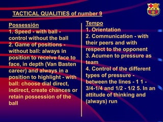 TACTICAL QUALITIES of number 9

Possessión                     Tempo
1. Speed - with ball -         1. Orientation
control...