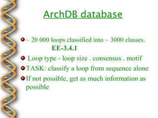 ArchDB database

~ 20 000 loops classified into ~ 3000 classes.
          EE-3.4.1
 Loop type - loop size . consensus . motif
TASK: classify a loop from sequence alone
If not possible, get as much information as
possible
 