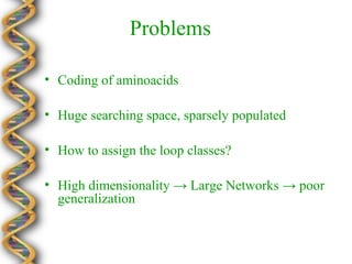 Problems

• Coding of aminoacids

• Huge searching space, sparsely populated

• How to assign the loop classes?

• High dimensionality → Large Networks → poor
  generalization
 