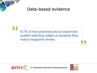 Data-based evidence




9.7% of the customers we surveyed last
quarter said they called us because they
read a magazine review.
 