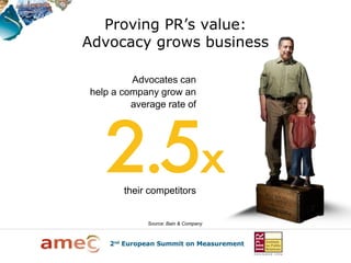 Proving PR’s value:
Advocacy grows business

         Advocates can
help a company grow an
         average rate of




       their competitors


             Source: Bain & Company
 