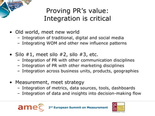 Proving PR’s value:
                Integration is critical

• Old world, meet new world
   – Integration of traditional, digital and social media
   – Integrating WOM and other new influence patterns

• Silo #1, meet silo #2, silo #3, etc.
   – Integration of PR with other communication disciplines
   – Integration of PR with other marketing disciplines
   – Integration across business units, products, geographies

• Measurement, meet strategy
   – Integration of metrics, data sources, tools, dashboards
   – Integration of data and insights into decision-making flow
 