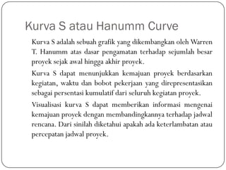 Kurva S atau Hanumm Curve
Kurva S adalah sebuah grafik yang dikembangkan oleh Warren
T. Hanumm atas dasar pengamatan terhadap sejumlah besar
proyek sejak awal hingga akhir proyek.
Kurva S dapat menunjukkan kemajuan proyek berdasarkan
kegiatan, waktu dan bobot pekerjaan yang direpresentasikan
sebagai persentasi kumulatif dari seluruh kegiatan proyek.
Visualisasi kurva S dapat memberikan informasi mengenai
kemajuan proyek dengan membandingkannya terhadap jadwal
rencana. Dari sinilah diketahui apakah ada keterlambatan atau
percepatan jadwal proyek.
 