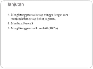 lanjutan
4. Menghitung prestasi setiap minggu dengan cara
menjumlahkan setiap bobot kegiatan.
5. Membuat Kurva S
6. Menghitung prestasi kumulatif (100%)
 
