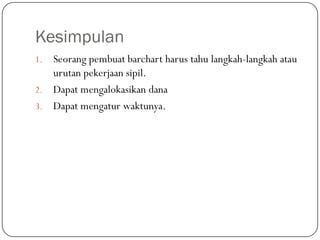 Kesimpulan
1. Seorang pembuat barchart harus tahu langkah-langkah atau
urutan pekerjaan sipil.
2. Dapat mengalokasikan dana
3. Dapat mengatur waktunya.
 