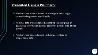 Presented Using a Pie Chart?
 Pie charts are a visual way of displaying data that might
otherwise be given in a small table.
 Nominal data are categorized according to descriptive or
qualitative information such as county of birth or type of pet
owned.
 Pie charts are generally used to show percentage or
proportional data
10
 