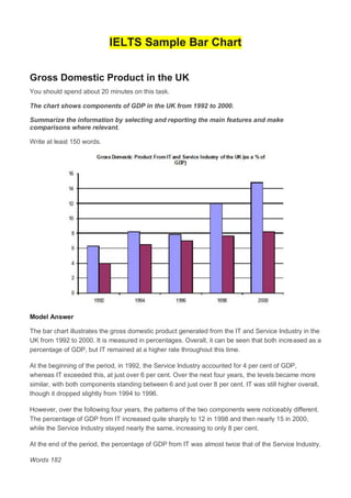 IELTS Sample Bar Chart
Gross Domestic Product in the UK
You should spend about 20 minutes on this task.
The chart shows components of GDP in the UK from 1992 to 2000.
Summarize the information by selecting and reporting the main features and make
comparisons where relevant.
Write at least 150 words.
Model Answer
The bar chart illustrates the gross domestic product generated from the IT and Service Industry in the
UK from 1992 to 2000. It is measured in percentages. Overall, it can be seen that both increased as a
percentage of GDP, but IT remained at a higher rate throughout this time.
At the beginning of the period, in 1992, the Service Industry accounted for 4 per cent of GDP,
whereas IT exceeded this, at just over 6 per cent. Over the next four years, the levels became more
similar, with both components standing between 6 and just over 8 per cent. IT was still higher overall,
though it dropped slightly from 1994 to 1996.
However, over the following four years, the patterns of the two components were noticeably different.
The percentage of GDP from IT increased quite sharply to 12 in 1998 and then nearly 15 in 2000,
while the Service Industry stayed nearly the same, increasing to only 8 per cent.
At the end of the period, the percentage of GDP from IT was almost twice that of the Service Industry.
Words 182
 