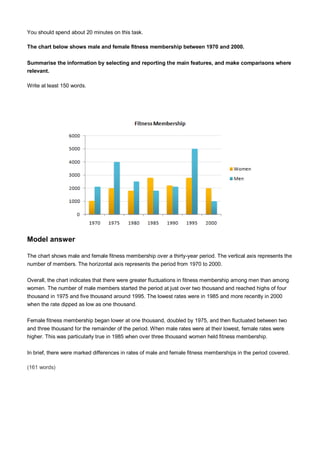 You should spend about 20 minutes on this task.
The chart below shows male and female fitness membership between 1970 and 2000.
Summarise the information by selecting and reporting the main features, and make comparisons where
relevant.
Write at least 150 words.
Model answer
The chart shows male and female fitness membership over a thirty-year period. The vertical axis represents the
number of members. The horizontal axis represents the period from 1970 to 2000.
Overall, the chart indicates that there were greater fluctuations in fitness membership among men than among
women. The number of male members started the period at just over two thousand and reached highs of four
thousand in 1975 and five thousand around 1995. The lowest rates were in 1985 and more recently in 2000
when the rate dipped as low as one thousand.
Female fitness membership began lower at one thousand, doubled by 1975, and then fluctuated between two
and three thousand for the remainder of the period. When male rates were at their lowest, female rates were
higher. This was particularly true in 1985 when over three thousand women held fitness membership.
In brief, there were marked differences in rates of male and female fitness memberships in the period covered.
(161 words)
 