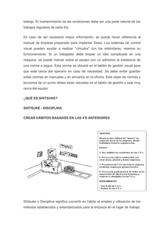 trabajo. El mantenimiento de las condiciones debe ser una parte natural de los
trabajos regulares de cada día.
En caso de ser necesaria mayor información, se puede hacer referencia al
manual de limpieza preparado para implantar Seiso. Los sistemas de control
visual pueden ayudar a realizar "vínculos" con los estándares, veamos su
funcionamiento. Si un trabajador debe limpiar un sitio complicado en una
máquina, se puede marcar sobre el equipo con un adhesivo la existencia de
una norma a seguir. Esta norma se ubicará en el tablón de gestión visual para
que esté cerca del operario en caso de necesidad. Se debe evitar guardar
estas normas en manuales y en armarios en la oficina. Esta clase de normas y
lecciones de un punto deben estar ubicadas en el tablón de gestión y este muy
cerca del equipo.
¿QUÉ ES SHITSUKE?
SHITSUKE - DISCIPLINA
CREAR HÁBITOS BASADOS EN LAS 4'S ANTERIORES

Shitsuke o Disciplina significa convertir en hábito el empleo y utilización de los
métodos establecidos y estandarizados para la limpieza en el lugar de trabajo.

 