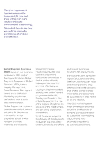 There’s a huge amount
happening across the
business right now, and
there will be even more
in future thanks to
developments in technology.
Take a look here to see how
we could be paying for
purchases a short time
down the line.




Global Business Solutions     Global Commercial                  end to end businesss
(GBS) focus on our business   Payments provides total            solutions for all payments.
customers. GBS part of        spend management                   Barclaycard Loans specialise
Barclaycard includes Global   solutions to businesses in
                                                                 in point of purchase lending
Payment Acceptance, Global    the UK and worldwide,
                                                                 in the UK. Working with retail
Commercial Payments,          helping enhance control
                                                                 and motor partners, they
                              and cost effectiveness.
Loyalty Management,                                              offer tailored credit solutions
Small Business, Barclaycard   Loyalty Management offers          that enable clients to close
Loans and a dedicated         a totally new kind of reward
                                                                 more sales and consumers
                              programme in the UK;
Marketing department.                                            to buy in store, in their home
                              Barclaycard Freedom. Not
Let’s take a look at each                                        or on the internet.
                              only is the programme one
area in more depth.                                              The GBS Marketing team
                              of the biggest of its kind, it’s
Global Payment Acceptance     also one of the most simple,       helps build better business
provides convenient, secure   and can bring big rewards          solutions and focuses on
solutions for businesses      to members.                        bringing Barclaycard closer
that need to accept           Small Business supports            to customers in compelling
payments across a wide        the delivery of Barclaycard’s      ways, ﬁnding new
range of channels,            innovation experience for          channels to reach out
methods and locations.        small businesses and offers        to business customers.
 