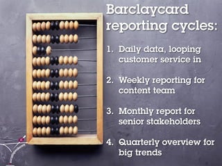 10Social media content strategy 2014 – Lucy Wren
Barclaycard
reporting cycles:
1. Daily data, looping
customer service in
...