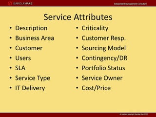 Service Attributes
•   Description      •   Criticality
•   Business Area    •   Customer Resp.
•   Customer         •   Sourcing Model
•   Users            •   Contingency/DR
•   SLA              •   Portfolio Status
•   Service Type     •   Service Owner
•   IT Delivery      •   Cost/Price
 