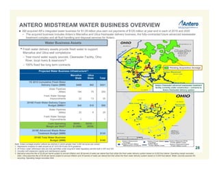 ANTERO MIDSTREAM WATER BUSINESS OVERVIEW
28
Note: Antero acreage position reflects tax districts in which greater than 3,000 net acres are owned.
1. Represents inception to date actuals as of 12/31/2015 and 2016 guidance.
2. All Antero water withdrawal sites are fully permitted under long-term state regulatory permits both in WV and OH.
3. Includes both expansion capital and maintenance capital.
4. Marcellus assumes fee of $3.69 per barrel subject to annual inflation and 38 barrels of water per lateral foot that utilize the fresh water delivery system based on 9,000 foot lateral. Operating margin excludes
G&A. Utica assumes fee of $3.64 per barrel subject to annual inflation and 34 barrels of water per lateral foot that utilize the fresh water delivery system based on 9,000 foot lateral. Water volumes assume 5%
recycling. Operating margin excludes G&A.
 AM acquired AR’s integrated water business for $1.05 billion plus earn out payments of $125 million at year-end in each of 2019 and 2020
− The acquired business includes Antero’s Marcellus and Utica freshwater delivery business, the fully-contracted future advanced wastewater
treatment complex and all fluid handling and disposal services for Antero
Projected Water Business Infrastructure(1)
Marcellus
Shale
Utica
Shale Total
YE 2015 Cumulative Fresh Water
Delivery Capex ($MM) $469 $62 $531
Water Pipelines
(Miles) 184 75 259
Fresh Water Storage
Impoundments 22 13 35
2016E Fresh Water Delivery Capex
Budget ($MM)(3) $40 $10 $50
Water Pipelines
(Miles) 20 9 29
Fresh Water Storage
Impoundments 1 - 1
Cash Operating
Margin per Well(4)
$950k -
$1,050k
$825k -
$925k
2016E Advanced Waste Water
Treatment Budget ($MM) $130
2016E Total Water Business
Budget ($MM) $180
Water Business Assets
• Fresh water delivery assets provide fresh water to support
Marcellus and Utica well completions
– Year-round water supply sources: Clearwater Facility, Ohio
River, local rivers & reservoirs(2)
– 100% fixed fee long term contracts
Antero Clearwater advanced wastewater treatment
facility currently under construction – connects to
Antero freshwater delivery system
Pending Acquisition Acreage
 