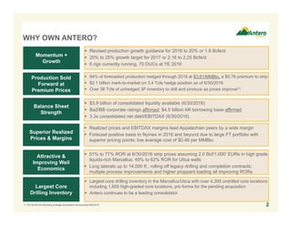 WHY OWN ANTERO?
2
 $3.9 billion of consolidated liquidity available (6/30/2016)
 Ba2/BB corporate ratings affirmed; $4.5 billion AR borrowing base affirmed
 3.3x consolidated net debt/EBITDAX (6/30/2016)
Balance Sheet
Strength
Production Sold
Forward at
Premium Prices
Momentum +
Growth
Superior Realized
Prices & Margins
Attractive &
Improving Well
Economics
Largest Core
Drilling Inventory
 94% of forecasted production hedged through 2018 at $3.81/MMBtu, a $0.78 premium to strip
 $2.1 billion mark-to-market on 3.4 Tcfe hedge position as of 6/30/2016
 Over 38 Tcfe of unhedged 3P inventory to drill and produce as prices improve(1)
 Revised production growth guidance for 2016 to 20% or 1.8 Bcfe/d
 20% to 25% growth target for 2017 or 2.16 to 2.25 Bcfe/d
 6 rigs currently running, 70 DUCs at YE 2016
 Realized prices and EBITDAX margins lead Appalachian peers by a wide margin
 Forecast positive basis to Nymex in 2016 and beyond due to large FT portfolio with
superior pricing points; low average cost of $0.46 per MMBtu
 51% to 77% ROR at 6/30/2016 strip prices assuming 2.0 Bcf/1,000’ EURs in high grade
liquids-rich Marcellus; 49% to 62% ROR for Utica wells
 Long laterals up to 14,000 ft.; rolling off legacy drilling and completion contracts;
multiple process improvements and higher proppant loading all improving RORs
 Largest core drilling inventory in the Marcellus/Utica with over 4,300 undrilled core locations
including 1,600 high-graded core locations, pro forma for the pending acquisition
 Antero continues to be a leading consolidator
1. Pro forma for pending acreage acquisition announced 6/9/2016.
 