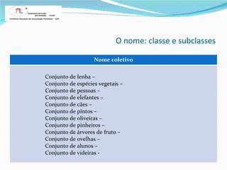O nome: classe e subclasses Nome coletivo Conjunto de lenha –  Conjunto de espécies vegetais –  Conjunto de pessoas –  Conjunto de elefantes –  Conjunto de cães –  Conjunto de pintos –  Conjunto de oliveiras –  Conjunto de pinheiros –  Conjunto de árvores de fruto –  Conjunto de ovelhas –  Conjunto de alunos –  Conjunto de videiras -  