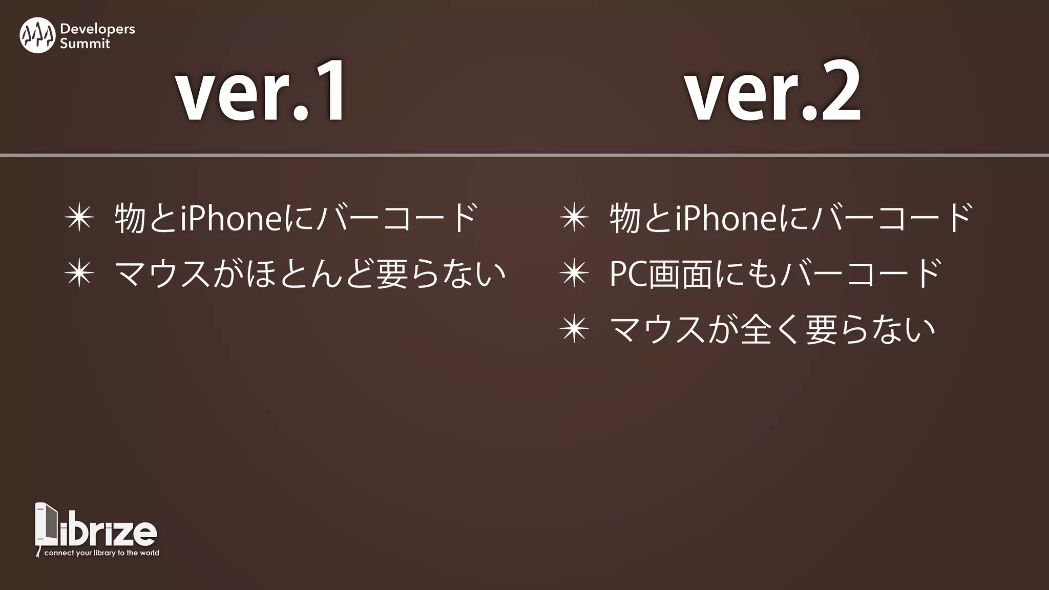 Developers
Summit




             ver.1       ver.2
✴ 物とiPhoneにバーコード     ✴ 物とiPhoneにバーコード
✴ マウスがほとんど要らない       ✴ PC画面にもバーコード
                     ✴ マウスが全く要らない
 