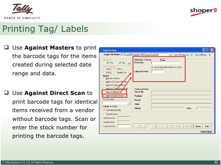 Barcode in shoper 9 Oracle to Tally Tally TDL International
