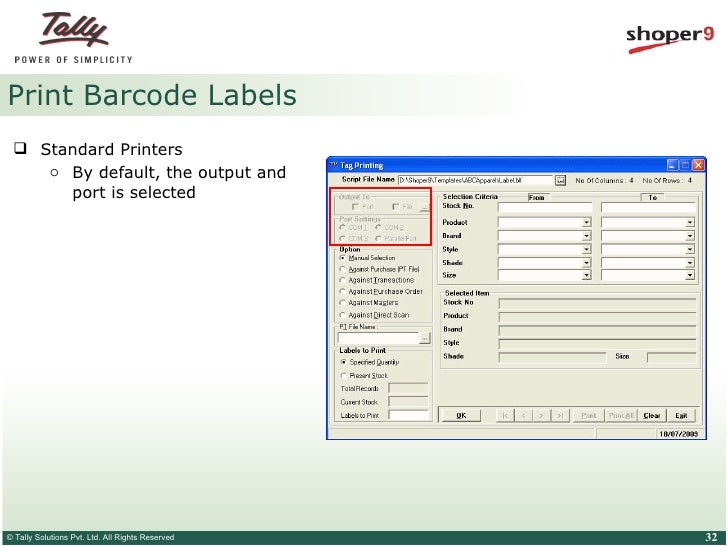 Barcode in shoper 9 Oracle to Tally Tally TDL International Solutions Provider