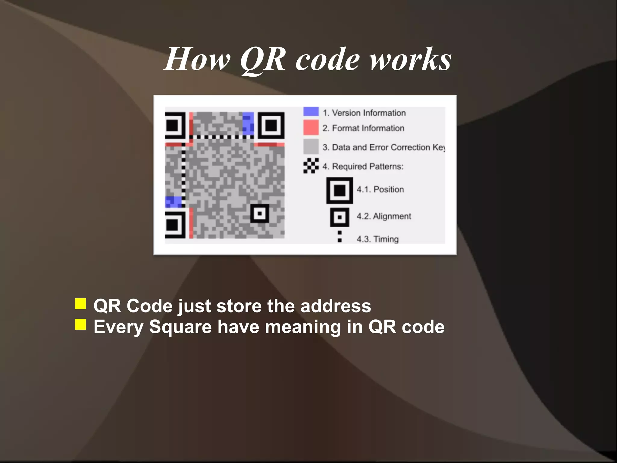 How QR code works
 QR Code just store the address
 Every Square have meaning in QR code
 