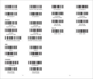 16
ID Character“k” ID Character“z”
CODABAR
redundancy enable
CODABAR
redundancy disable
Bar with gap
allowed-enable
Bar with gap
allowed-disable
Code 32
CODE 32 /on CODE 32/off
15
Transmit check digit enable Transmit check digit disable
ID Character“d” ID Character“z”
UPC/EAN
UPC/EAN
supplements disable
UPC/EAN
supplements-2 digits
UPC/EAN
supplements-5 digits
UPC/EAN
supplements 2&5 digits
UPC/EAN redundancy enable UPC/EAN redundancy disable
ISBN
ISBN/on ISBN/off
ID Character“f” ID Character“z”
CODABAR
CODABAR/on CODABAR/off
Send start/stop
CHARS-enable
Send start/stop
CHARS-disable
 